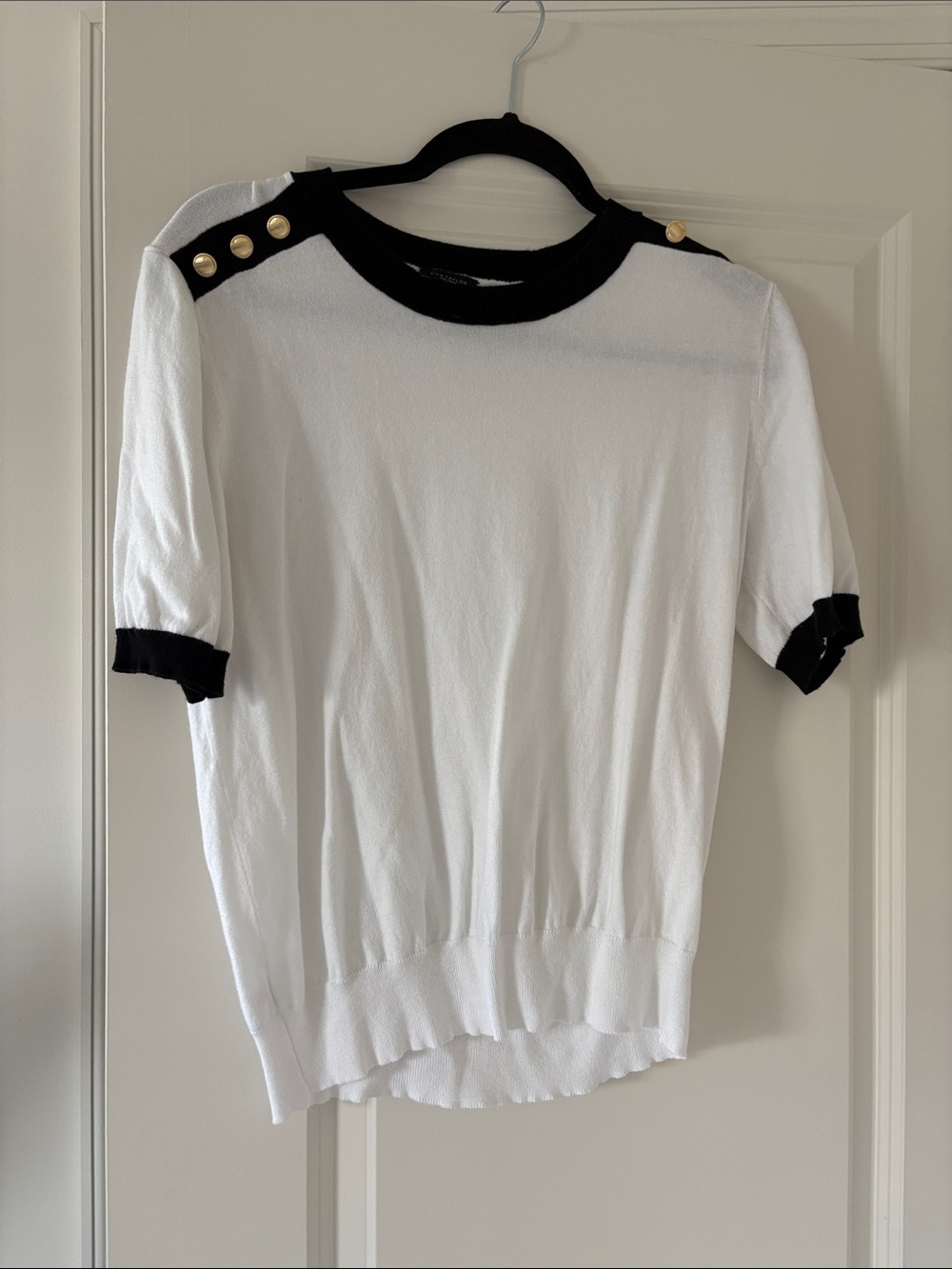 Ann Taylor Factory White Short Sleeve Knit Top with Black Trim & Gold Buttons